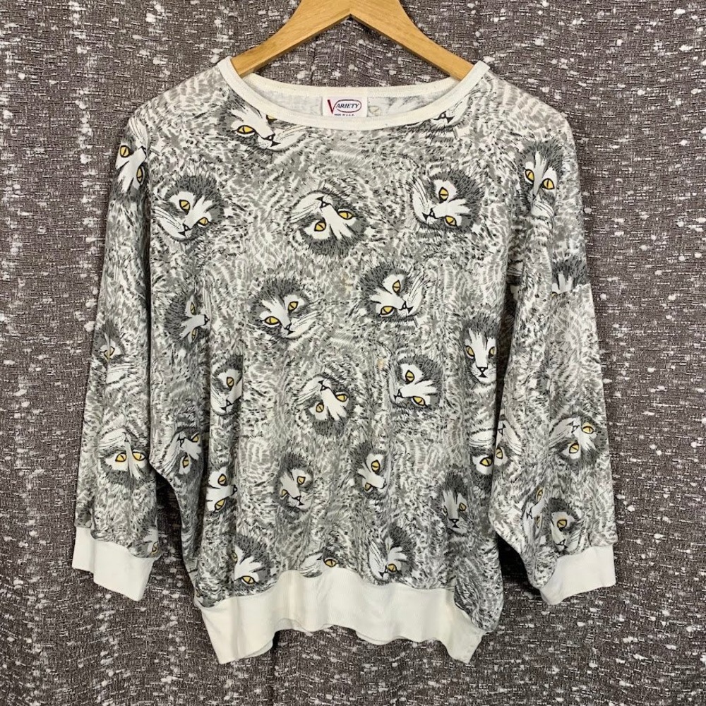 Vintage Variety Cat Face All Over Print Sweatshirt Grey White Made in USA Large